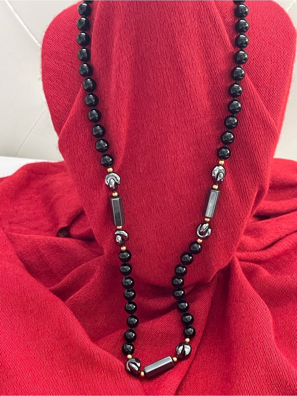 Vintage Black Onyx & Hematite Beaded Long Necklace Gold Filigree Clasp